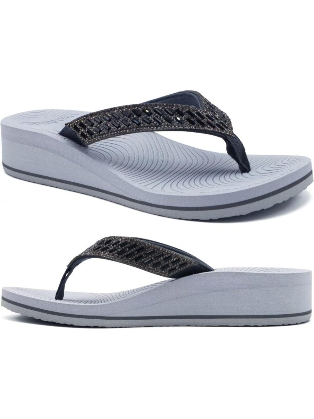 Women's Grey Comfortable Rhinestone Support Casual Flip Flops Stylish Sandals